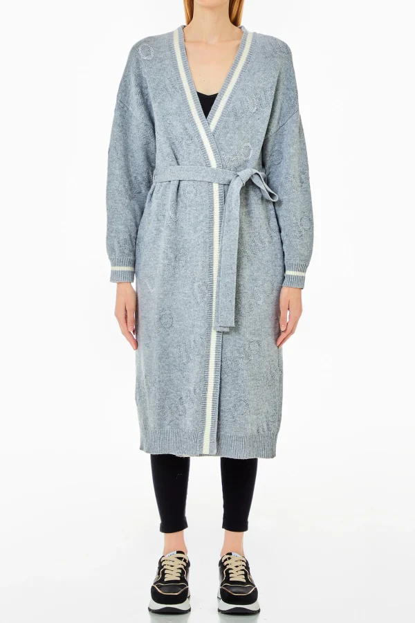 New Cardigan lungo con cintura e motivo jacquard di Donna Giacche