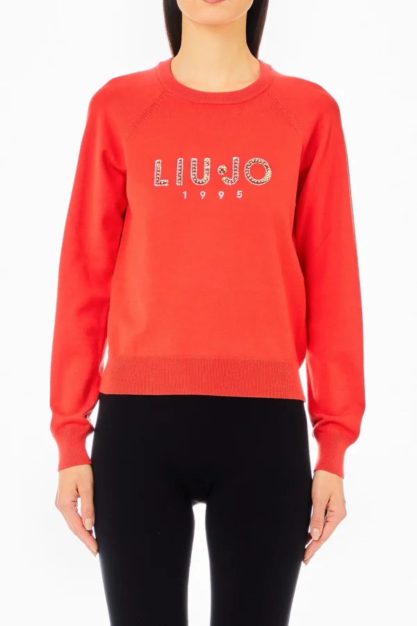 New Maglia girocollo con logo decorato di strass di Donna Felpe