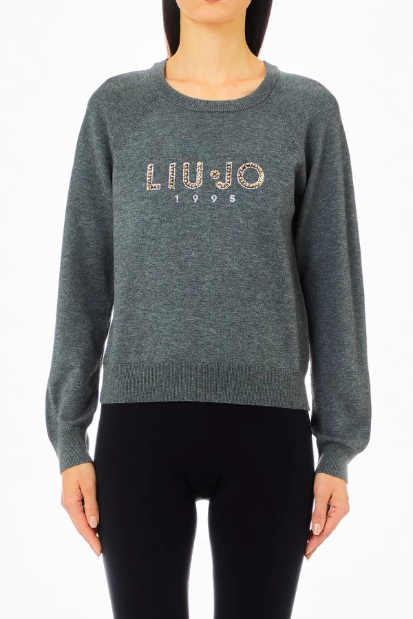 New Maglia girocollo con logo decorato di strass di Donna Felpe
