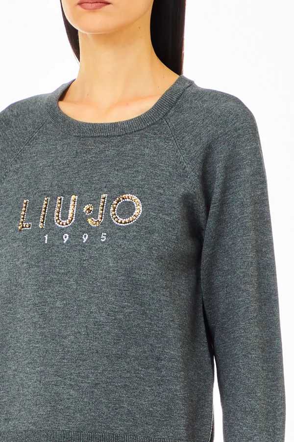 New Maglia girocollo con logo decorato di strass di Donna Felpe