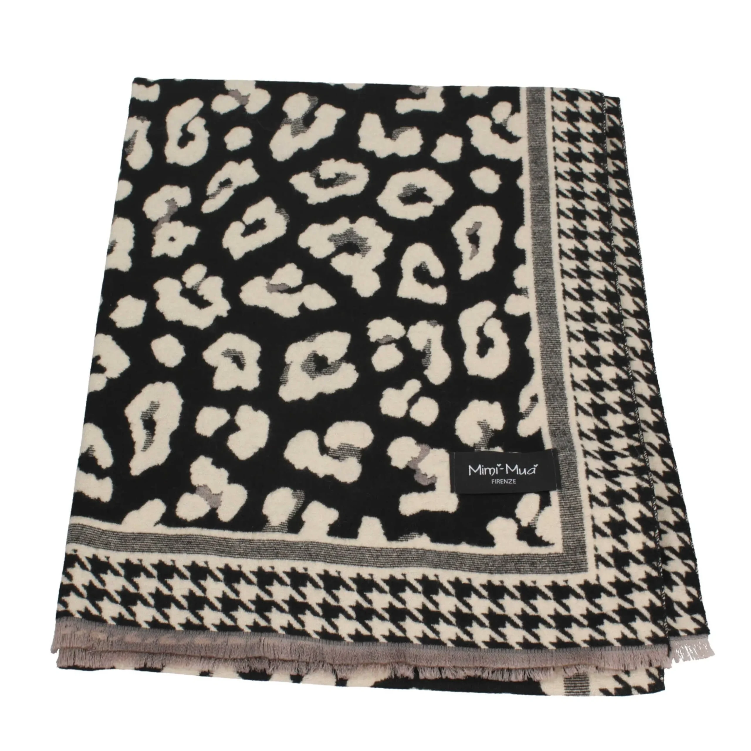 sciarpa_con_motivo_animal_0.webp Outlet Sciarpa con motivo animalier e bordi a contrasto Mimi Mua Donna Foulard E Sciarpe