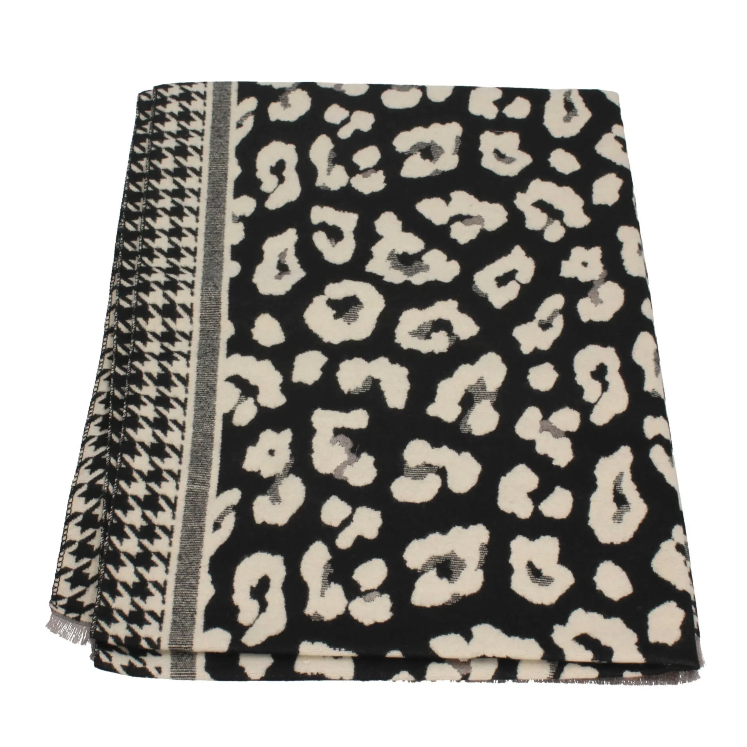 sciarpa_con_motivo_animal_1.webp Outlet Sciarpa con motivo animalier e bordi a contrasto Mimi Mua Donna Foulard E Sciarpe