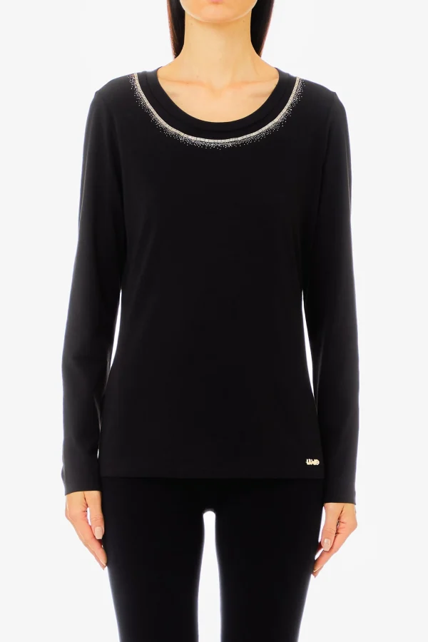 Outlet T-shirt in cotone stretch con logo strass di Donna Maglie